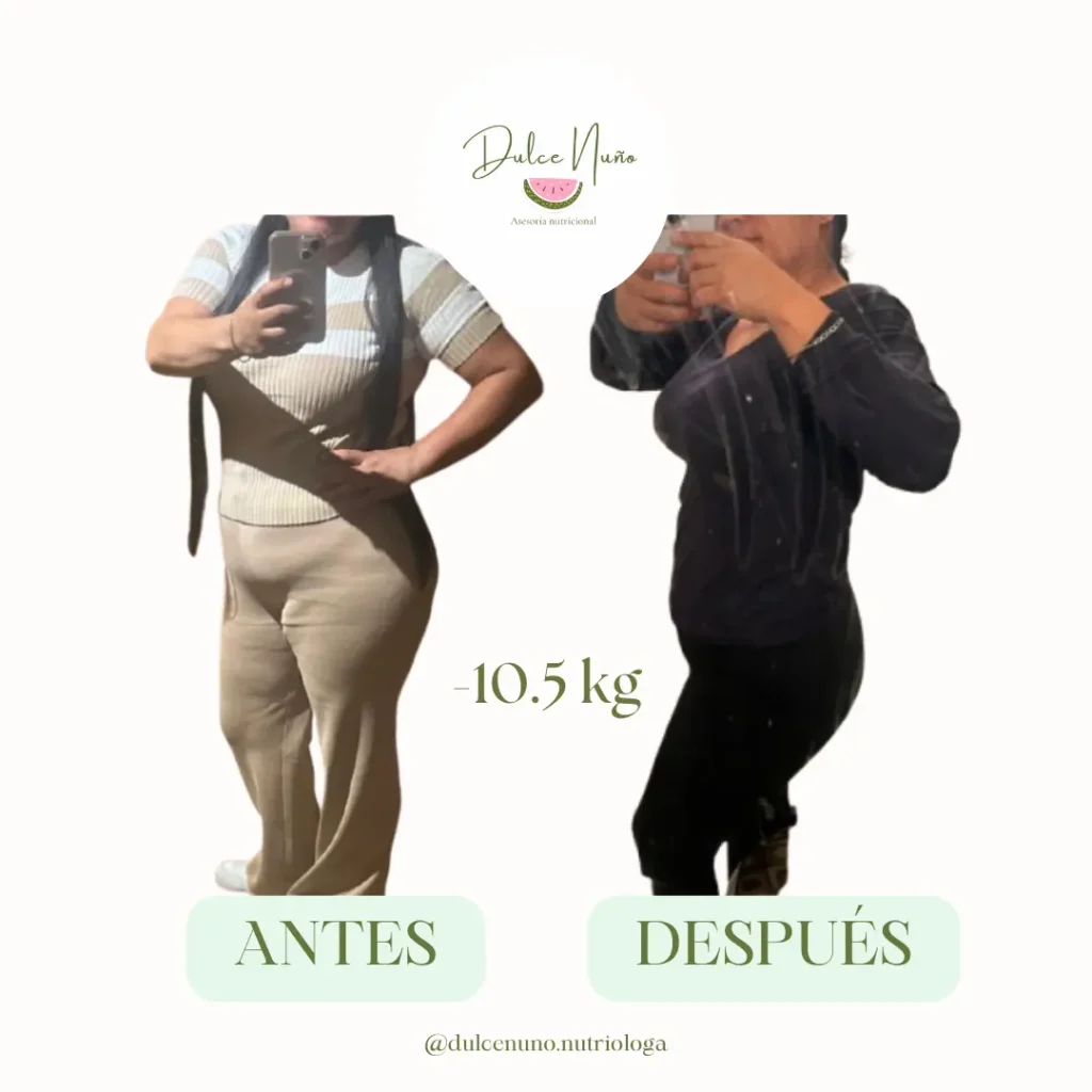 Comparativa de mujer antes y después de bajar 10.5 kilogramos con cambios físicos visibles
